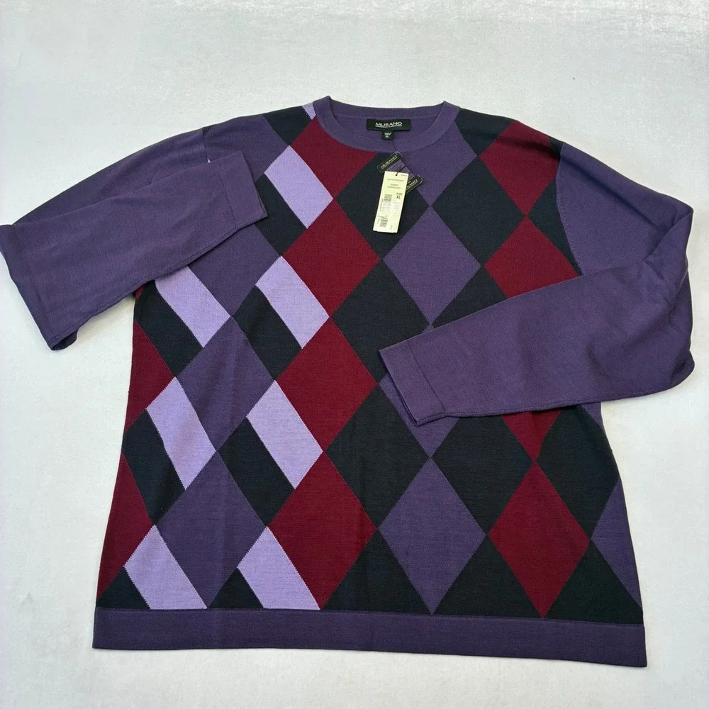 Murano Sweater Men XL Purple Argyle Silk Blend Crewneck Long Sleeve F55SM025